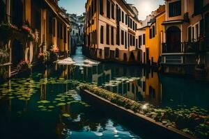 un' canale nel Venezia con acqua gigli. ai-generato foto
