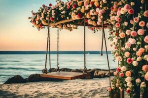 un' swing sospeso a partire dal un' fiore coperto struttura su il spiaggia. ai-generato foto