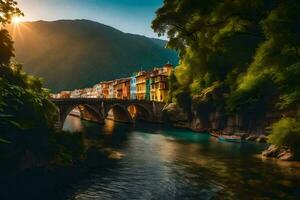 il sole brilla al di sopra di un' ponte nel il montagne. ai-generato foto