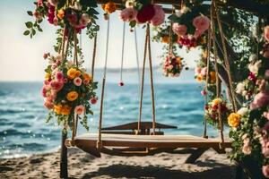 un' swing con fiori su il spiaggia. ai-generato foto