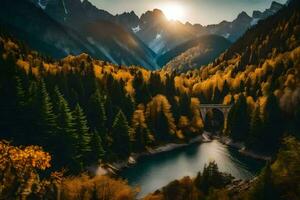 il sole brilla al di sopra di un' fiume e montagne nel il autunno. ai-generato foto