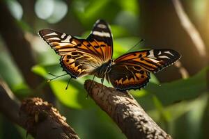 un' farfalla è seduta su un' ramo con il sole splendente. ai-generato foto