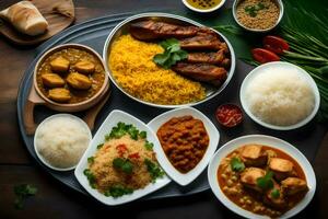 un' varietà di indiano cibo su un' di legno tavolo. ai-generato foto