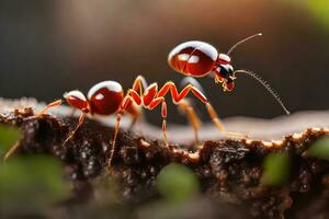 un' rosso formica è in piedi su superiore di un' tronco d'albero. ai-generato foto
