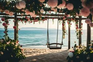 un' swing su il spiaggia con fiori e palloncini. ai-generato foto