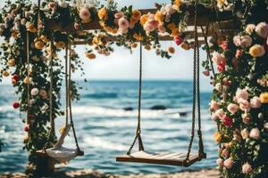 un' swing sospeso a partire dal un' floreale arco al di sopra di il oceano. ai-generato foto