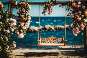 un' swing su il spiaggia con fiori. ai-generato foto