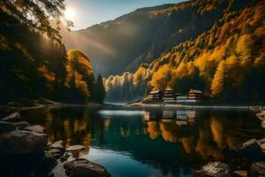 un' lago circondato di alberi e montagne. ai-generato foto