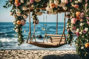 un' swing su il spiaggia con fiori. ai-generato foto