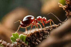 un' rosso formica su un' foglia. ai-generato foto