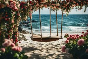 un' swing su il spiaggia con fiori e un' fiore arco. ai-generato foto