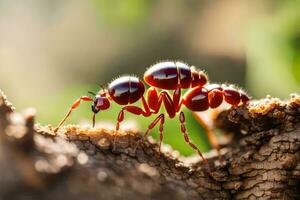 un' rosso formica è in piedi su un' albero tronco. ai-generato foto