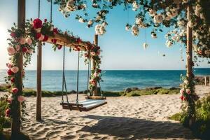 un' swing su il spiaggia. ai-generato foto