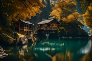 un' Casa si siede su il bordo di un' lago circondato di alberi. ai-generato foto