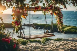 un' swing con fiori su il spiaggia. ai-generato foto