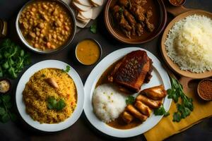 vario piatti di indiano cibo su un' tavolo. ai-generato foto
