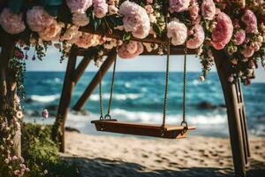 un' swing con fiori su il spiaggia. ai-generato foto