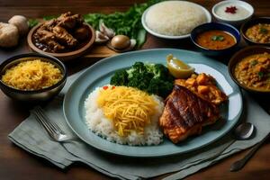 un' piatto di cibo con Riso, pollo, broccoli e altro ingredienti. ai-generato foto