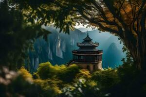 un' pagoda nel il mezzo di un' foresta. ai-generato foto