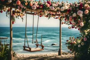 un' swing su il spiaggia con fiori. ai-generato foto