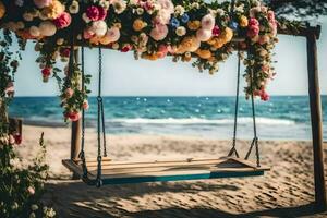 un' swing con fiori su il spiaggia. ai-generato foto