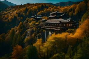 un' Cinese tempio nel il montagne con autunno alberi. ai-generato foto
