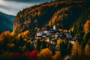 un' castello circondato di alberi nel il autunno. ai-generato foto