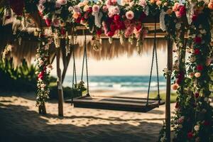 un' swing su il spiaggia con fiori. ai-generato foto