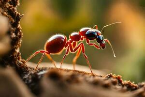 un formica è in piedi su un' tronco d'albero. ai-generato foto