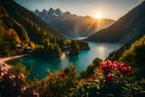 il sole brilla al di sopra di un' lago nel il montagne. ai-generato foto