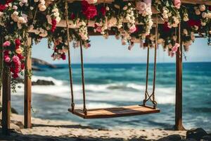 un' swing su il spiaggia con fiori. ai-generato foto