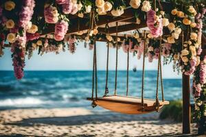 un' swing su il spiaggia con fiori. ai-generato foto