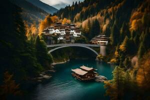 un' ponte al di sopra di un' fiume nel il montagne. ai-generato foto