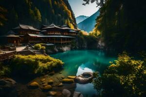 un' bellissimo lago circondato di montagne e alberi. ai-generato foto