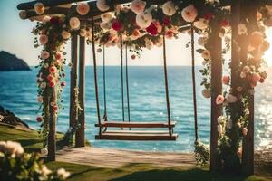 un' swing con fiori su il spiaggia. ai-generato foto