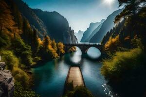 un' ponte al di sopra di un' fiume nel il montagne. ai-generato foto