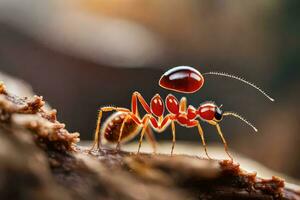 un' rosso formica trasporto un' acqua gocciolina su suo Indietro. ai-generato foto