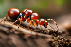 un' rosso formica è strisciando su un' albero tronco. ai-generato foto