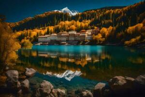 un' lago circondato di alberi e montagne. ai-generato foto