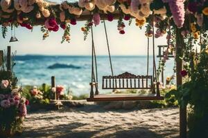 un' swing è impostato su su il spiaggia con fiori. ai-generato foto