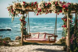 un' swing su il spiaggia con fiori. ai-generato foto