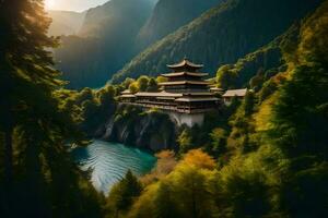 un' Cinese tempio nel il montagne con un' lago. ai-generato foto