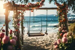 un' swing su il spiaggia con fiori e un' di legno telaio. ai-generato foto