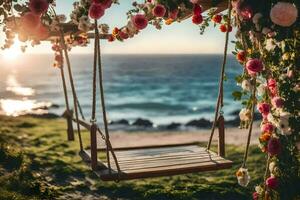 un' swing con fiori sospeso a partire dal esso su il spiaggia. ai-generato foto