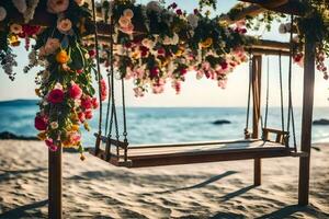 un' swing su il spiaggia con fiori sospeso a partire dal esso. ai-generato foto