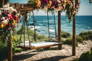 un' swing con fiori su il spiaggia. ai-generato foto