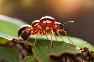 un' rosso formica è in piedi su un' foglia. ai-generato foto