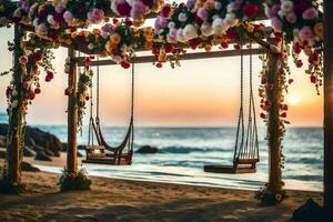 un' swing impostato su il spiaggia con fiori. ai-generato foto