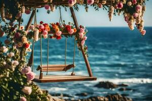 un' swing con fiori su il spiaggia. ai-generato foto