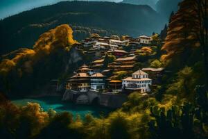 un' villaggio nel il montagne con alberi e acqua. ai-generato foto